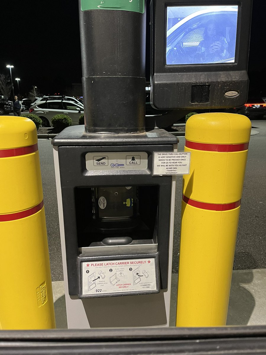 CourtneyHowrad's tweet photo. Oh look @ChadFifer, a pneumatic tube at our grocery store pharmacy. https://t.co/QeGQJqs4Ud