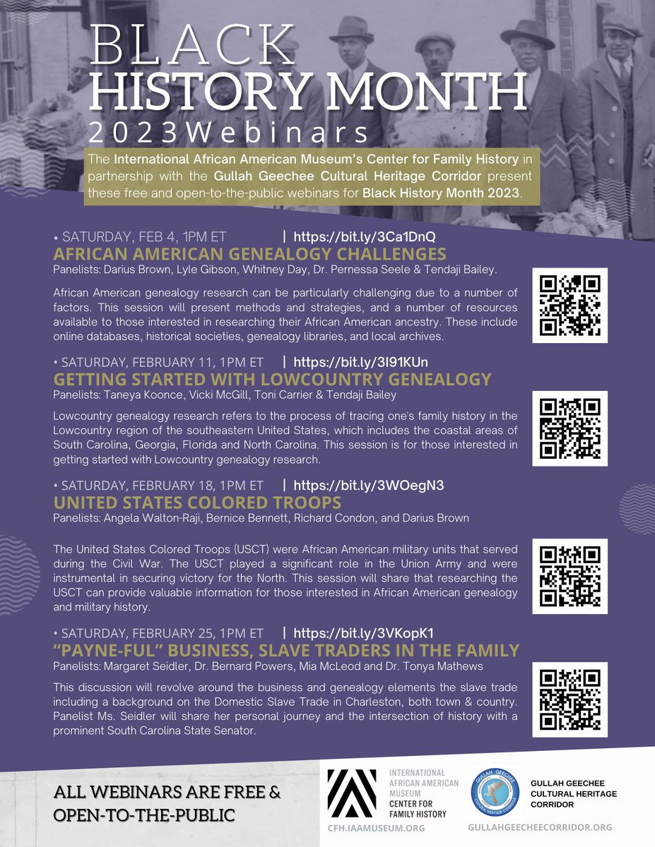 IAAMCFH's tweet photo. The International African American Museum’s Center for Family History in partnership with the Gullah Geechee Cultural Heritage Corridor present
these free and open-to-the-public webinars for Black History Month 2023. https://t.co/IPUELB7lEP