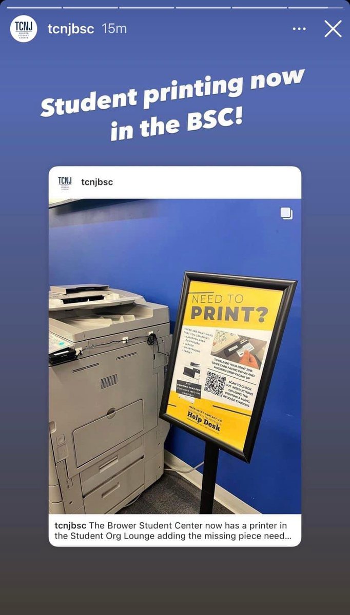 TcnjItconnect's tweet photo. The Brower Student Center now has a printer in the Student Org lounge adding the missing piece needed for this to be the optimal study space for our amazing TCNJ students #tcnj #tcnjhousing #tcnjit #tcnjbsc https://t.co/nEHwPUqGFj