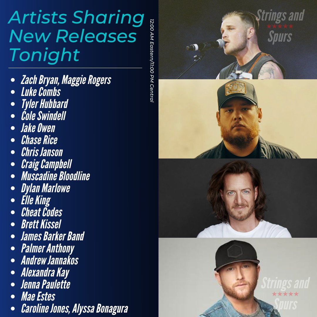 stringsandspurs's tweet photo. Get ready for the biggest release day of 2023 yet! #stringsandspurs
•
•
•
#zachbryan #lukecombs #jakeowen #chaserice #newmusic #newmusicfriday #country #countrymusic https://t.co/LZZ33IlQUc
