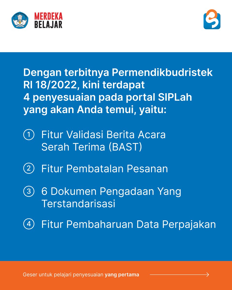 pusdatin_dasmen's tweet photo. [FITUR VALIDASI BAST di SIPLah]

Halo Sahabat SIPLah,
Berdasarkan Permendikbudristek RI 18/2022, kini Anda dapat menemukan 4 implementasi pembaharuan di SIPLah. 

Yuk, cari tahu caranya dan pelajari langkah selengkapnya

#SIPLahKemendikbud
#PBJSatdik
#MitraSIPLahKemendikbud https://t.co/30UapIfVab