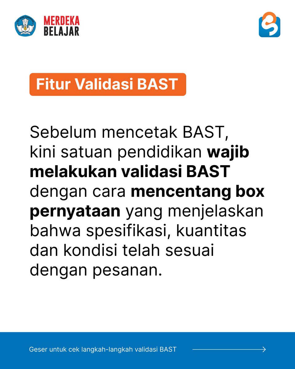 pusdatin_dasmen's tweet photo. [FITUR VALIDASI BAST di SIPLah]

Halo Sahabat SIPLah,
Berdasarkan Permendikbudristek RI 18/2022, kini Anda dapat menemukan 4 implementasi pembaharuan di SIPLah. 

Yuk, cari tahu caranya dan pelajari langkah selengkapnya

#SIPLahKemendikbud
#PBJSatdik
#MitraSIPLahKemendikbud https://t.co/30UapIfVab