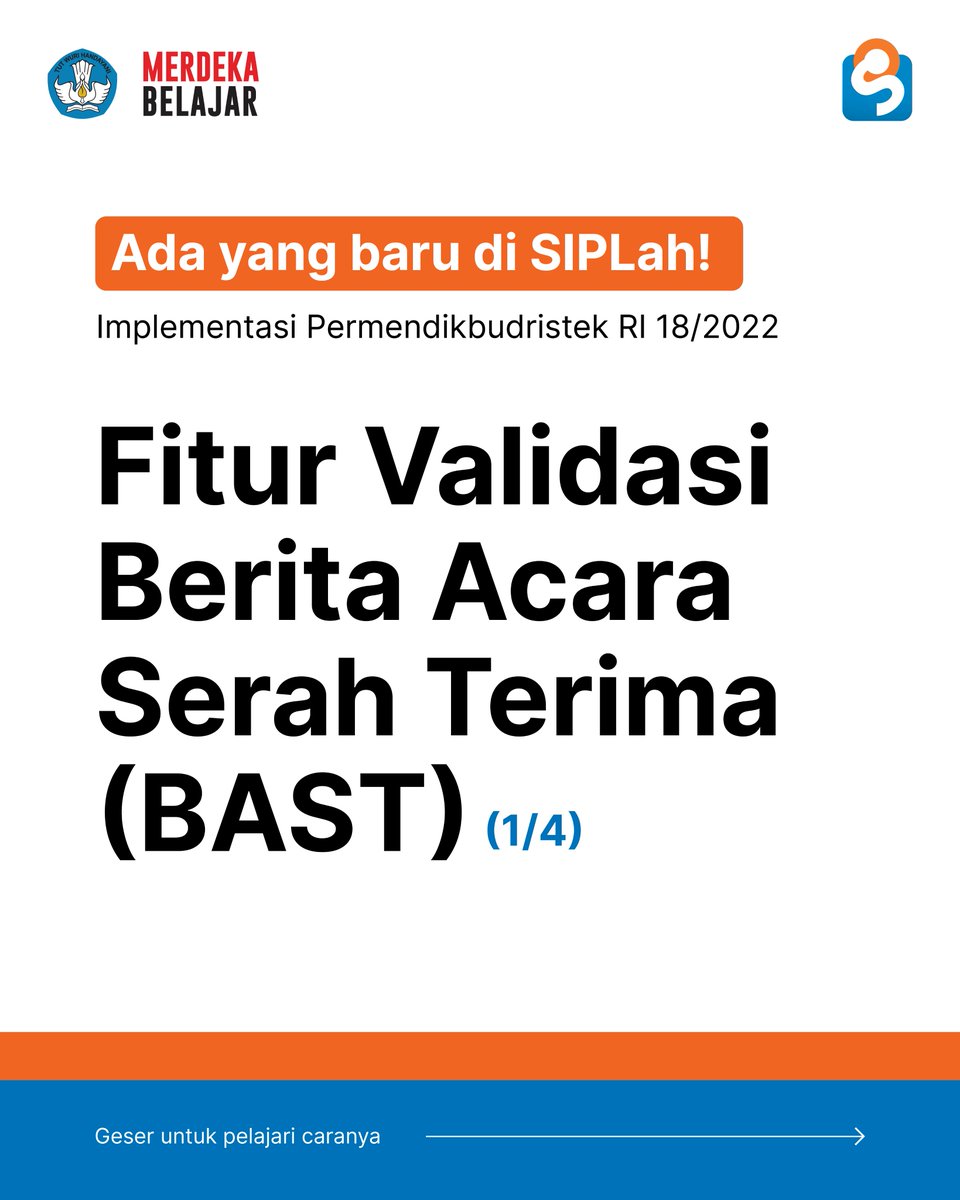 pusdatin_dasmen's tweet photo. [FITUR VALIDASI BAST di SIPLah]

Halo Sahabat SIPLah,
Berdasarkan Permendikbudristek RI 18/2022, kini Anda dapat menemukan 4 implementasi pembaharuan di SIPLah. 

Yuk, cari tahu caranya dan pelajari langkah selengkapnya

#SIPLahKemendikbud
#PBJSatdik
#MitraSIPLahKemendikbud https://t.co/30UapIfVab