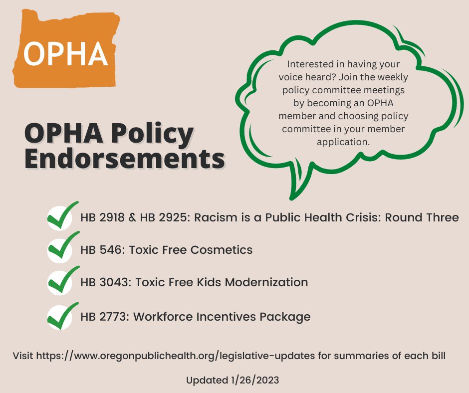 ORPublicHealth's tweet photo. The OPHA Policy Committee has been busy this month reviewing endorsement requests weekly. Visit Visit https://t.co/OOGYHeHXXM for summaries of each bill the board has endorsed so far. The board will endorse bills on a monthly basis. #ORPublicHealthPolicy https://t.co/HmrxYagY9E