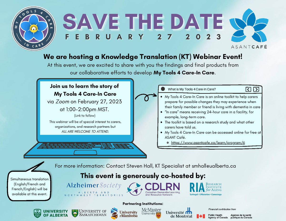 Helpfordementia's tweet photo. We are hosting a Knowledge Translation Webinar Event! Mon, Feb 27, from 1-2pm. Join us to learn the story of My Tools 4 Care - In care, which is one of the many fantastic education series on our #ASANTCafe! For more info please contact Steven Hall, smhall@ualberta.ca. https://t.co/hkm2wIqieP
