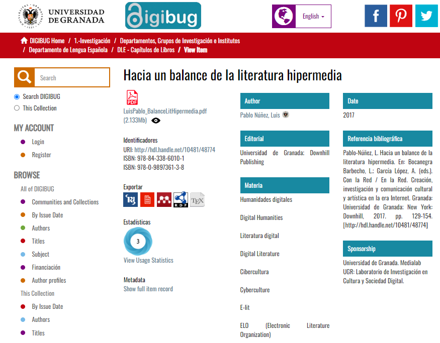 "Towards a balance of hypermedia literature", avalaible online / "Hacia un balance de la literatura hipermedia"  hdl.handle.net/10481/48774
<a href="/CanalUGR/">Universidad Granada</a> <a href="/DHQuarterly/">DigitalHum Quarterly</a> <a href="/eadh_org/">EADH</a> <a href="/humdigital/">Digital Humanities 💻🌎</a> <a href="/yalelibrary/">Yale University Library</a> <a href="/BeineckeLibrary/">Beinecke Library</a> <a href="/Stanford/">Stanford University</a> <a href="/ELMCIP/">ELMCIP</a> <a href="/eliterature/">Electronic Lit. Org</a>  <a href="/CyberCultureCo/">CyberCulture Collections</a> <a href="/CyberCulture_DK/">Danmark Bag Facaden</a>