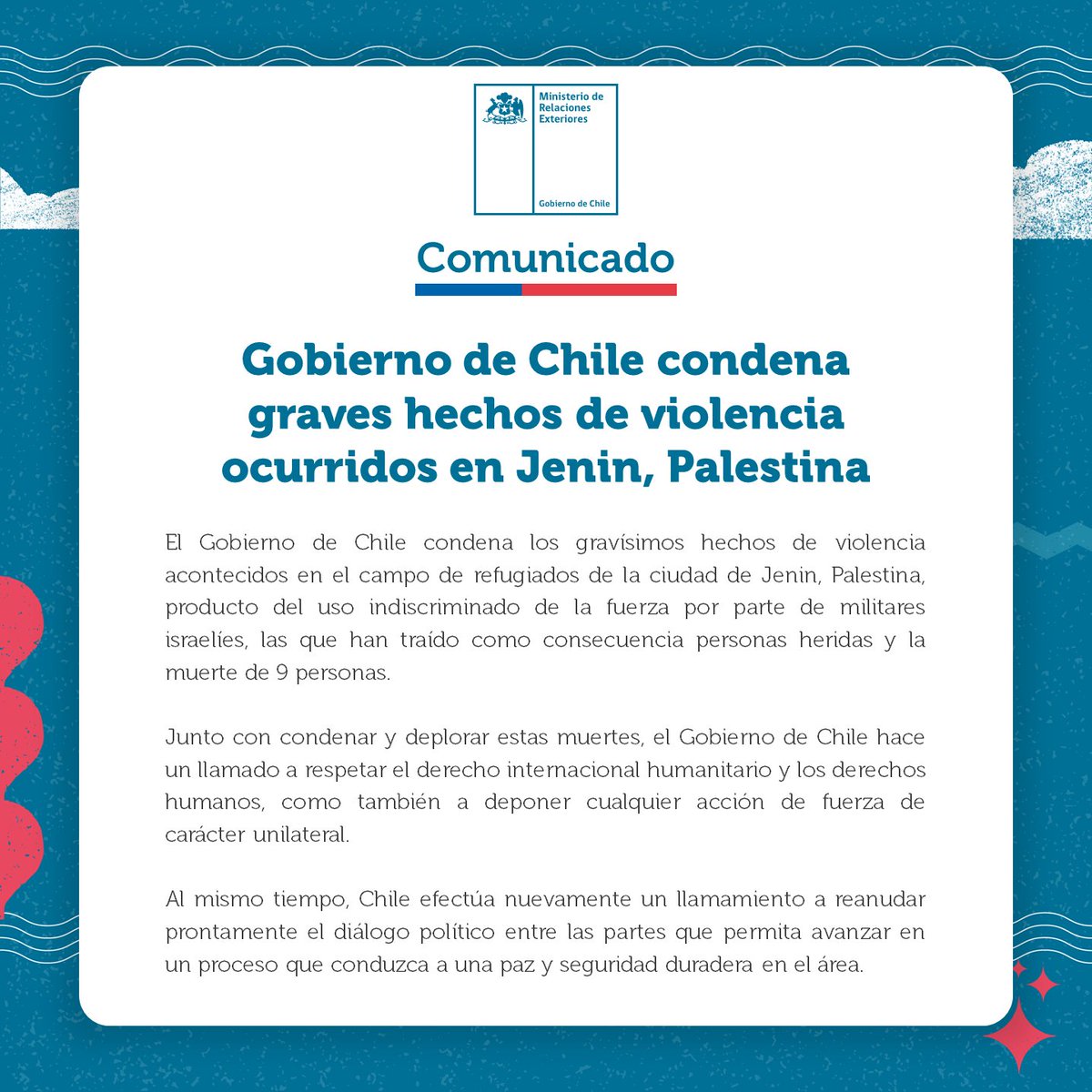 Minrel_Chile's tweet photo. Gobierno de Chile condena graves hechos de violencia ocurridos en Jenin, Palestina.

Comunicado aquí 👉 https://t.co/5nDxQrmj8r https://t.co/Rj9dGSMJkl
