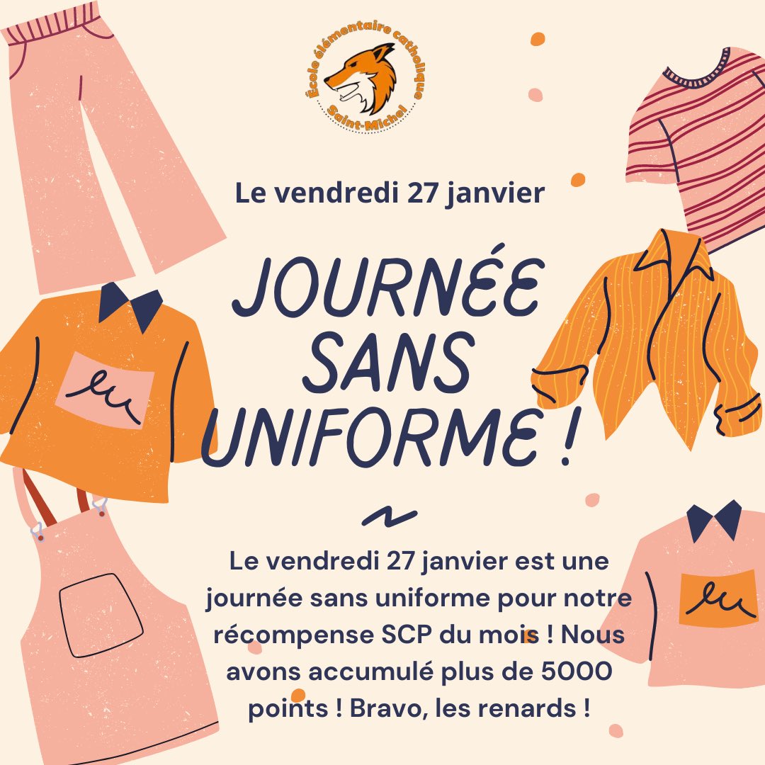 Demain c’est la journée récompense du mois de janvier : une journée civile, sans uniforme ! #scp #recompense #recompensescp  #journeespeciale #journeesansuniforme #500points #recompensedecole #renardsdesaintmichel