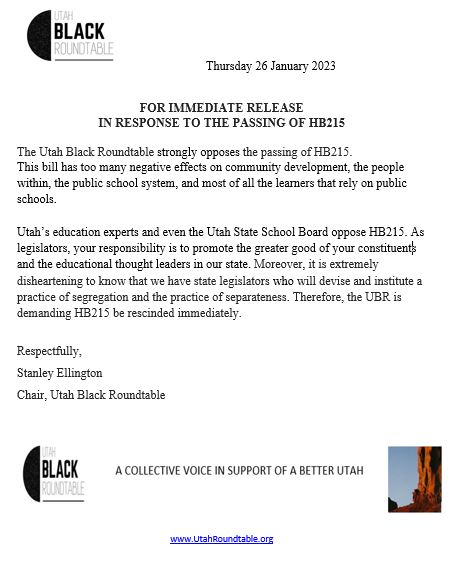 UtahRoundtable's tweet image. Utah Black Roundtable Executive Board's official statement on the passage of #HB215 #utleg #utpol