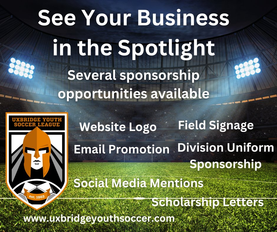 UxbridgeSoccer's tweet photo. UYSL is looking for sponsors for our 2023 season. New options are now available, including sponsorship of one of our In-Town Division uniforms. See all of our sponsorship options at: https://t.co/ck5iswHNSx @UxbridgeSports https://t.co/HOQ7OLzPnE
