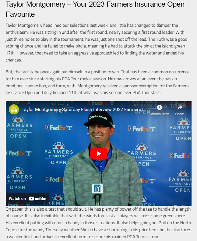 deepdivegolf's tweet photo. How our #FarmersInsuranceOpen picks stand👊

5/6 Made Cut

2nd - Brendan Steele 
1pts E/W $141.00 (8 pl, 1/5)
2pts Top 20 $5.25

4th - Montgomery (favourite)
2.5pts E/W $31.00 (8 pl, 1/5)

36th - Vegas (best value)
0.5pts E/W $226.00 (5 pl, 1/4)
1pt Top 20 $6.00
3pts Top 40 $3.10 https://t.co/kw6WjVlbvz