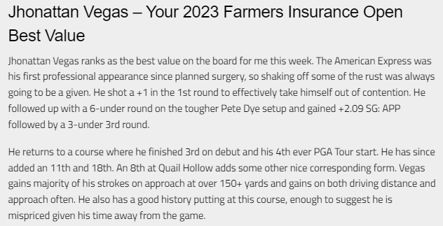 deepdivegolf's tweet photo. How our #FarmersInsuranceOpen picks stand👊

5/6 Made Cut

2nd - Brendan Steele 
1pts E/W $141.00 (8 pl, 1/5)
2pts Top 20 $5.25

4th - Montgomery (favourite)
2.5pts E/W $31.00 (8 pl, 1/5)

36th - Vegas (best value)
0.5pts E/W $226.00 (5 pl, 1/4)
1pt Top 20 $6.00
3pts Top 40 $3.10 https://t.co/kw6WjVlbvz