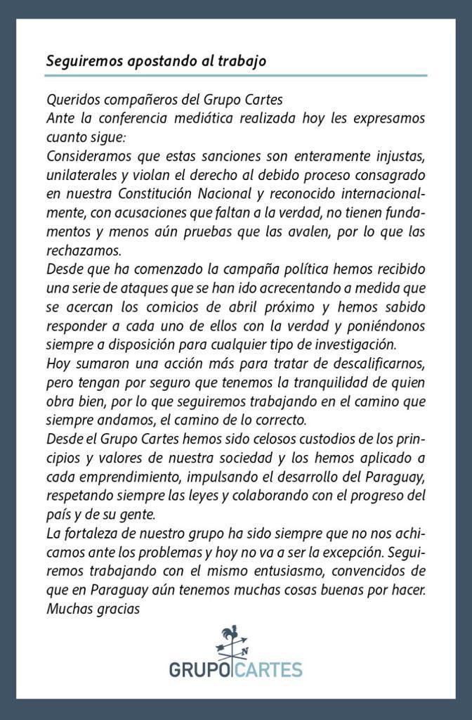 Comunicado del Grupo Cartes, luego del anuncio de bloqueo financiero por parte de Estados Unidos.