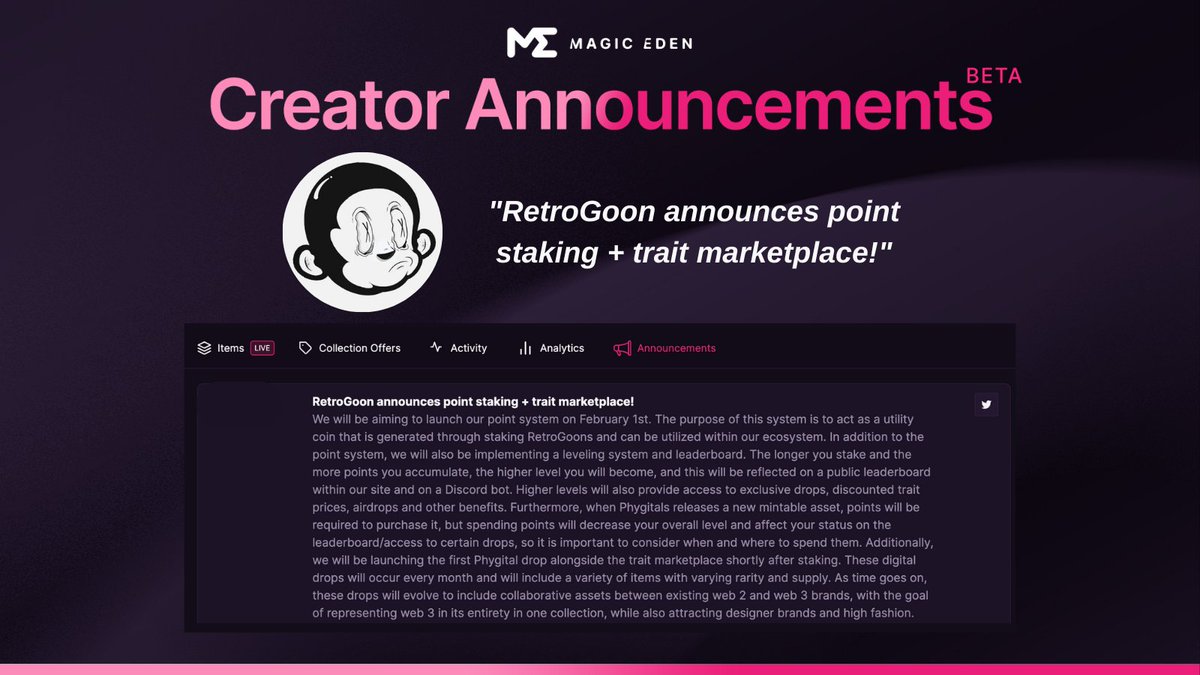 Overheard <a href="/MagicEden/">Magic Eden 🪄</a>: <a href="/retrogoons/">tjay</a> announces point staking + trait marketplace!

magiceden.io/marketplace/go…