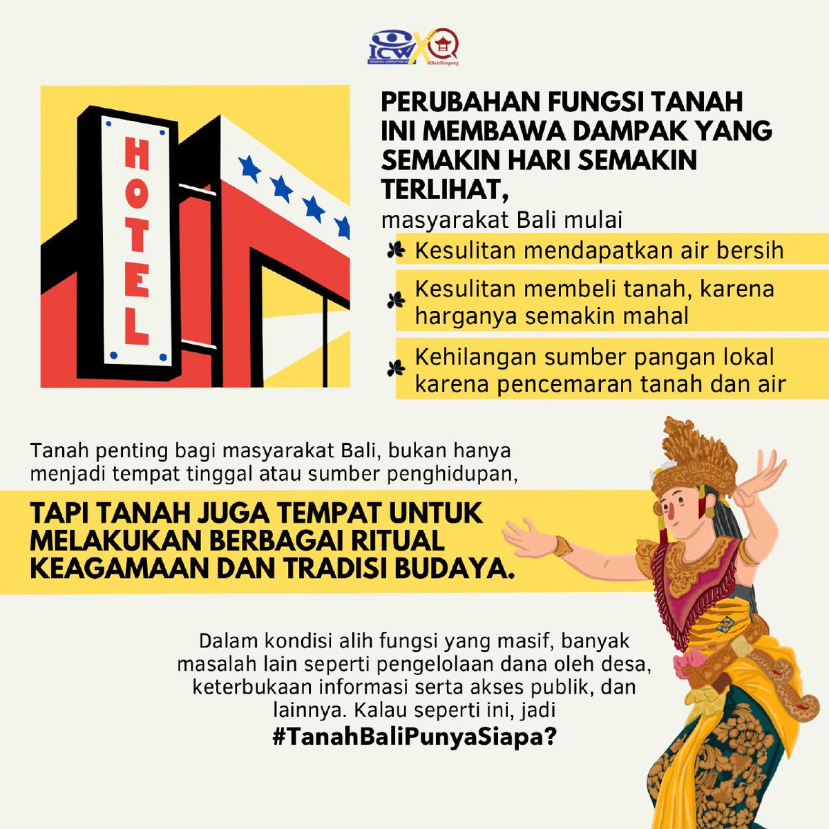 Apa yang kamu bayangkan dengan masa depan Bali? Dalam sebuah diskusi dengan anak-anak muda sejumlah desa #kelasjurnalismewarga dan pembuat film, setidaknya ada 5 keresahan seperti berikut. Keresahanmu apa? 
#lestaridalamtradisi #tanahbalipunyasiapa