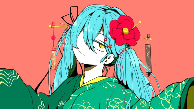 あすぱらなすさんの、クールな表情のミクさん!和服、和風な髪留めがとってもオシャレで似合っているホーヾ(*'∀`*)ノ【】 #piapro #初音ミク 