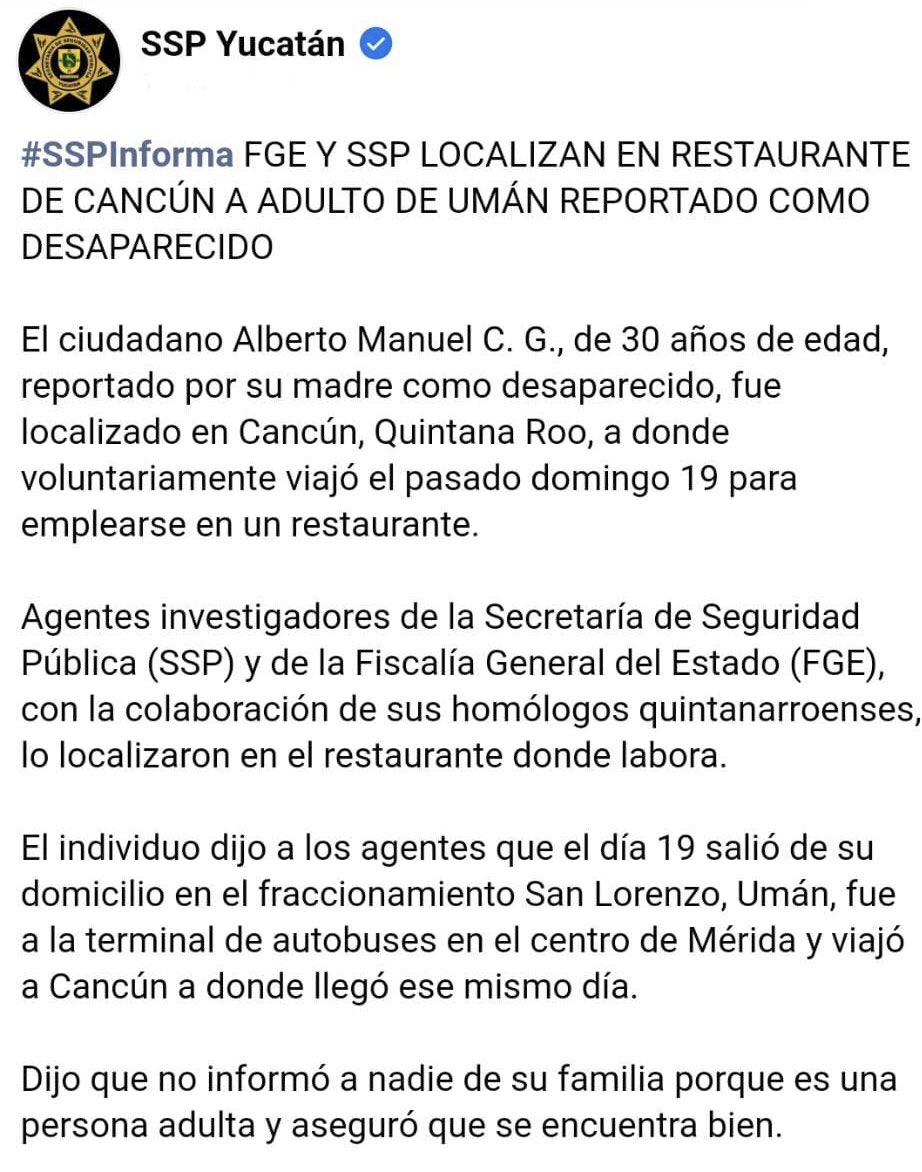 sspyuc's tweet photo. #SSPInforma FGE Y SSP LOCALIZAN EN RESTAURANTE DE CANCÚN A ADULTO DE UMÁN REPORTADO COMO DESAPARECIDO https://t.co/D7dJNtHEom