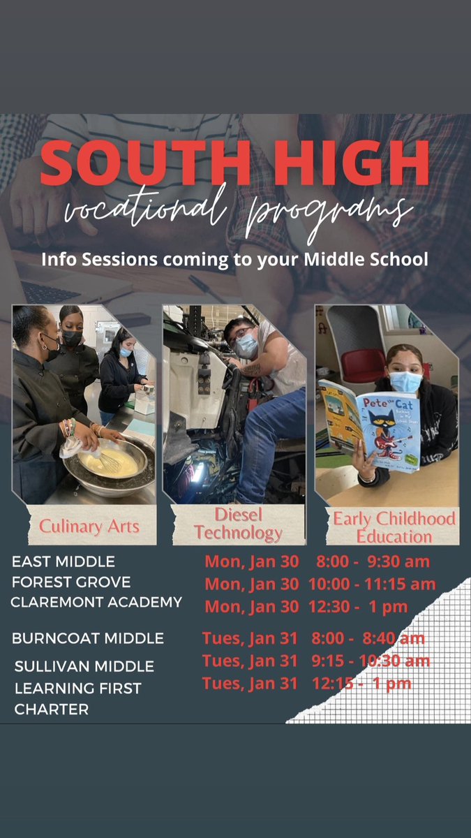 DaisyNavedo's tweet photo. 📣ATTENTION PARENTS OF MIDDLE SCHOOLERS📣: These are great opportunities for students to get job training while in high school so they can start earning carreer level pay right after graduation. No need to accumulate debt to starting building a career!! https://t.co/B9BkdFWQBI