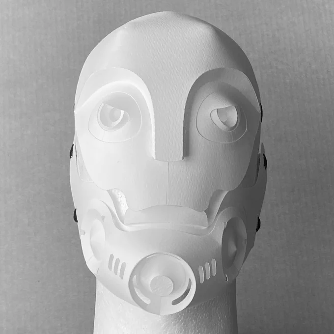 ペーパークラフト キット『サイボーグ面』カット済み、ゴム紐と組み立て解説書付き。¥2,750(税込•送料別)動画は塗装済み完成見本です。通販→ you live overseas, please use the following forwarding service.EN→ 