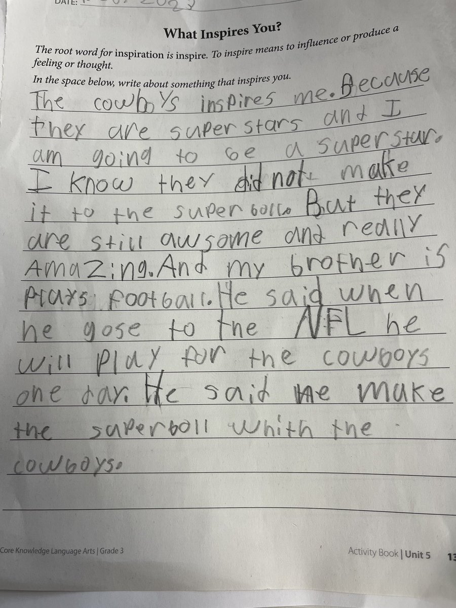 powerangels01's tweet photo. @dallascowboys @dak @KimCounselor1 @RicardoPequeno1 @MsRosalesMEd @DrFavy today during my lesson, we had to write, “ who inspires you?” This made my heart happy! True fan, just like her teacher! Go Cowboys! https://t.co/oNovF7wO8C