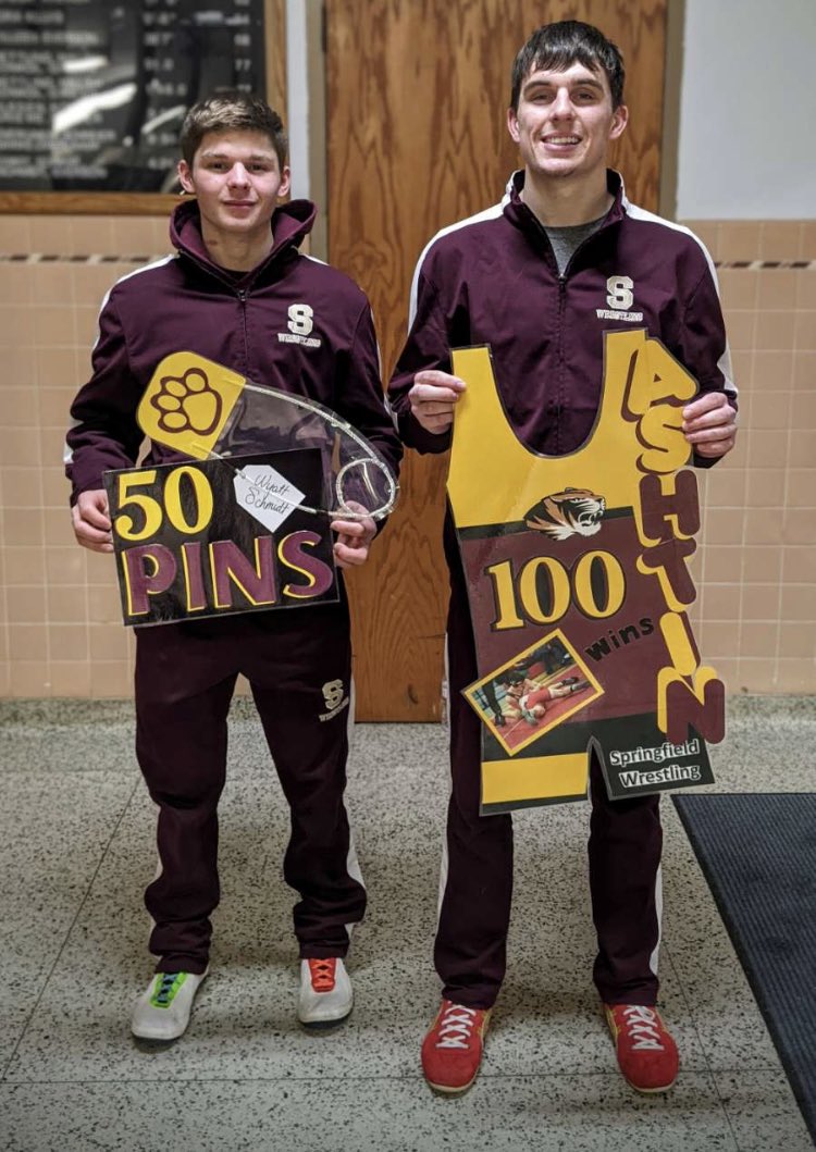 Congratulations to Wyatt Schmidt for hitting 50 career pins 🧷 and to Ashtin Johnson for reaching 100 career wins tonight! 🐅 💪 🤼‍♂️