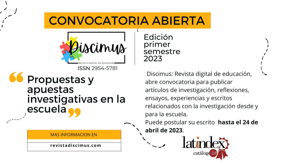 RevistaDiscimus's tweet photo. Participa de la convocatoria 2023-I de la Revista Discimus.  Envía tus artículos de investigación, reflexiones, ensayos, experiencias y escritos relacionados con la investigación desde y para la escuela.

Más información en https://t.co/5GKvqBbQkr https://t.co/7ITnySZt6W