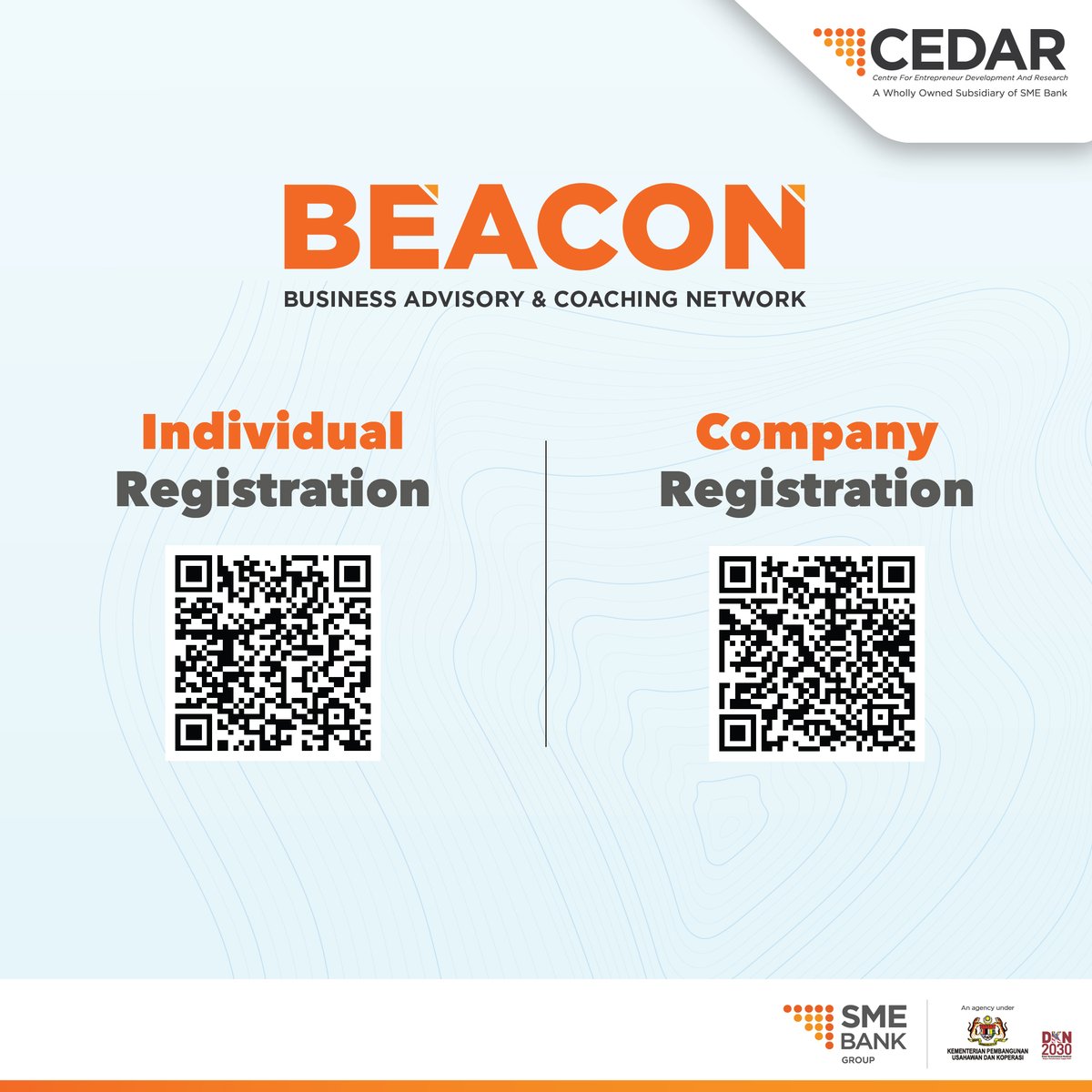Calling all certified trainers and business coaches! Join our team at CEDAR as part of our Business Advisory &amp; Coaching Network (BEACON) and help develop and sustain the growth of SMEs in Malaysia.

Scan the QR codes and apply now!

#smebank_malaysia
#CEDARMalaysia