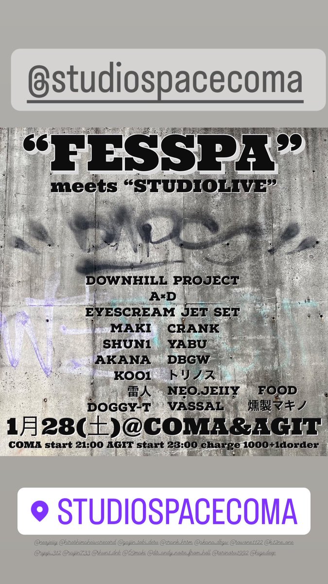 downhill_jp's tweet photo. Next LIVEはコチラ☝️
2023 1発目のライブ1曲目は、ジャムセッションから入ります。
各ジャンルの歌い手と混ざり合っていきましょう🎶
ダウンヒルの1曲目、マイク回してこう！
宜しくお願いします🔥

#FESSPA
#STUDIOLIVE
#FESSPAmeetsSTUDIOLIVE
@StudioSpaceCOMA 
@agit_hiroshima https://t.co/QTT4WfA12y