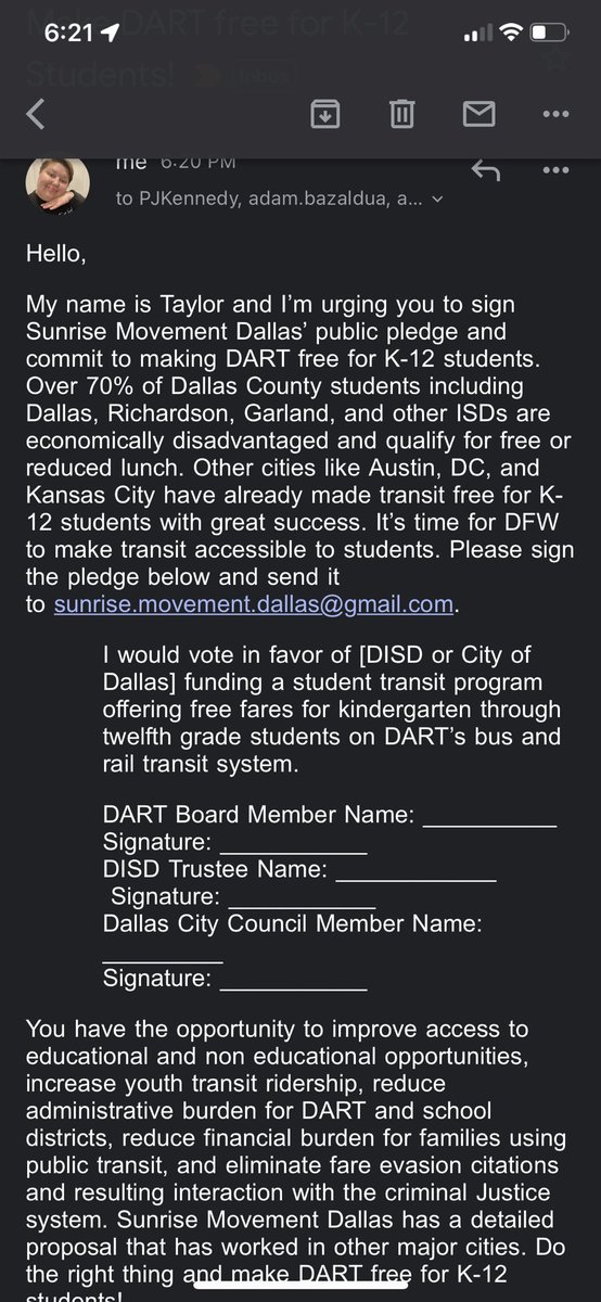 Taylor! (@taylornelson43) on Twitter photo Show your support for making DART free for K-12 students at
bit.ly/emaildart
Shoutout to <a href="/sunrisemvmtdtx/">Sunrise Dallas</a> for making it easy to email the right people and <a href="/sunrisemvmt/">Sunrise Movement 🌅</a> for amplifying ✨ Show your support for making DART free for K-12 students at
bit.ly/emaildart
Shoutout to <a href="/sunrisemvmtdtx/">Sunrise Dallas</a> for making it easy to email the right people and <a href="/sunrisemvmt/">Sunrise Movement 🌅</a> for amplifying ✨