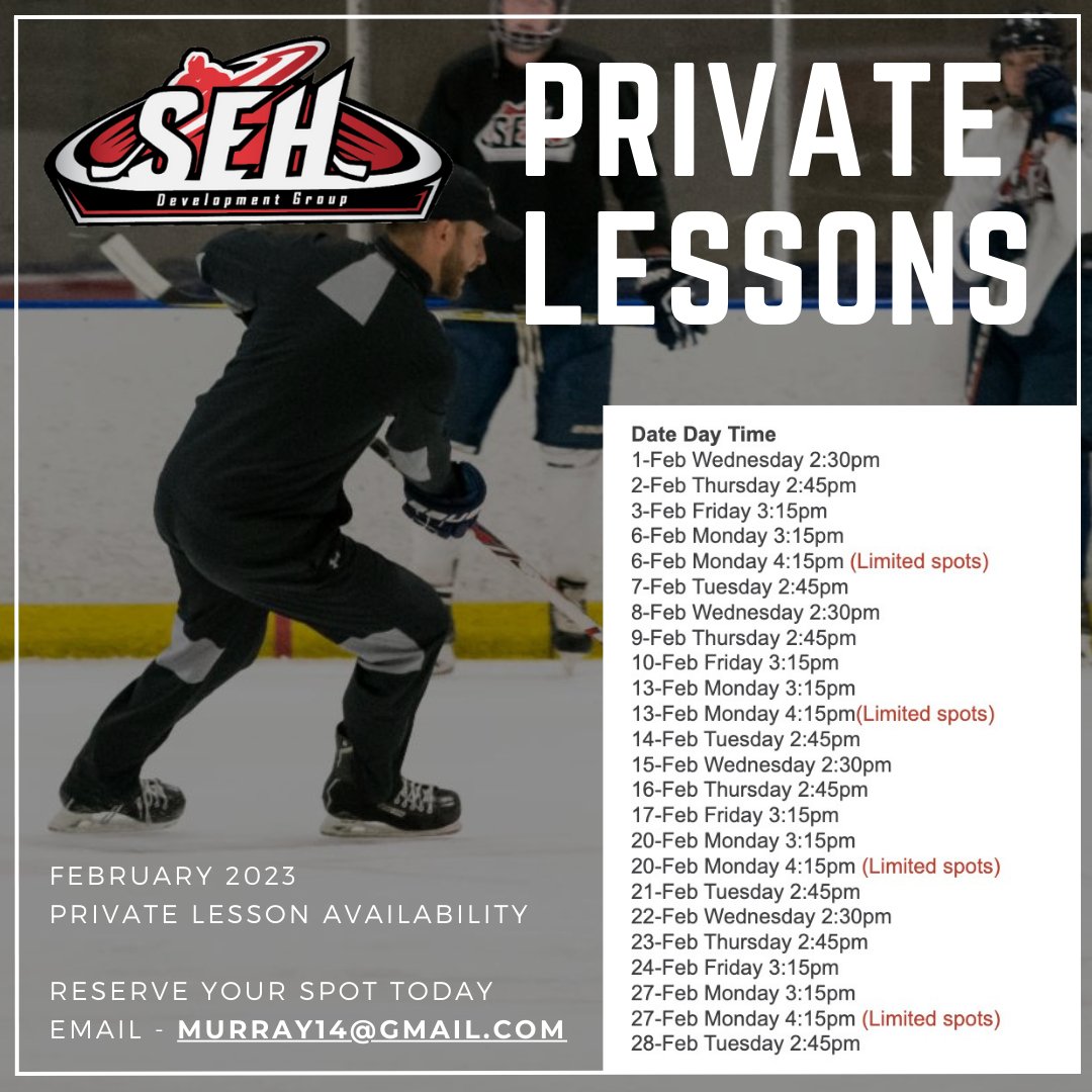 ATTN: Scorer's Edge Families. Private Lesson slots for February have now been released. Check out the available days & times and contact Coach Matt to secure your spot. murray14@gmail.com #SEH #SEHDevelopment #PrivateLessons #Hockey #Skills