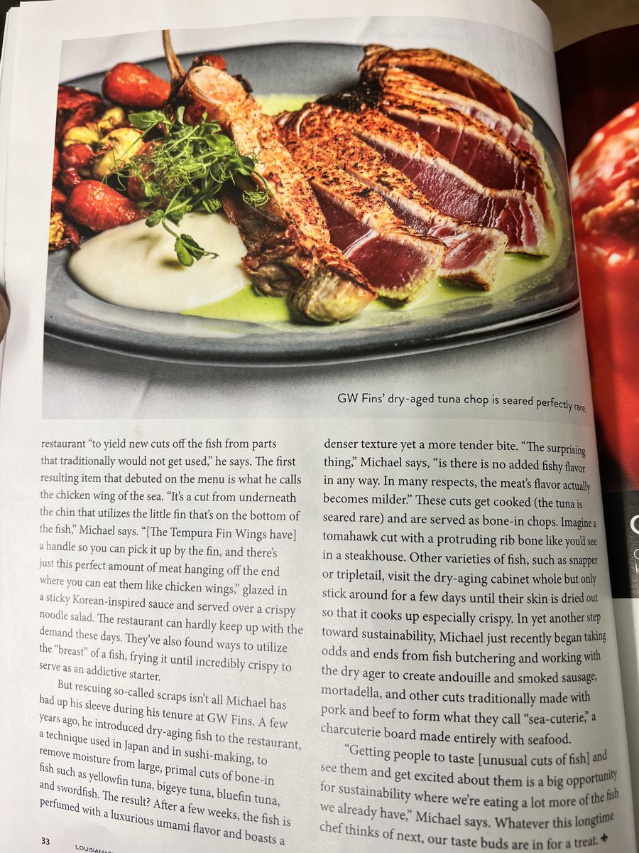 Just got a preview of the March/April  @LouisianaCookin & had to share this great article about Executive Chef Michael Nelson innovations at GW Fins. His Dry Aging technique and 'Sea-Cuterie' Board with house-cured fish-based andouille, pepperoni, bacon, kielbasa are featured