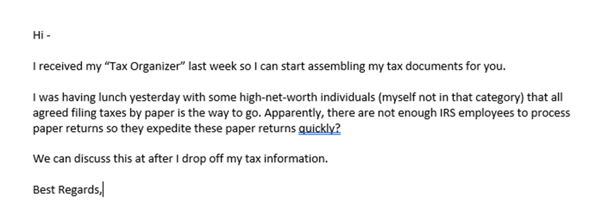 Het #TaxTwitter - one of my senior tax managers received this email this morning: