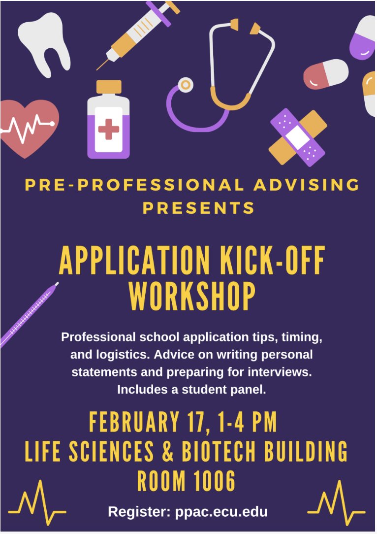 The PPAC presents the Application Kickoff Workshop! This event is open to all students who are planning on applying to professional schools. We will be sharing general application, personal statement, and interview tips! Link to register: ecu.az1.qualtrics.com/jfe/form/SV_0r…