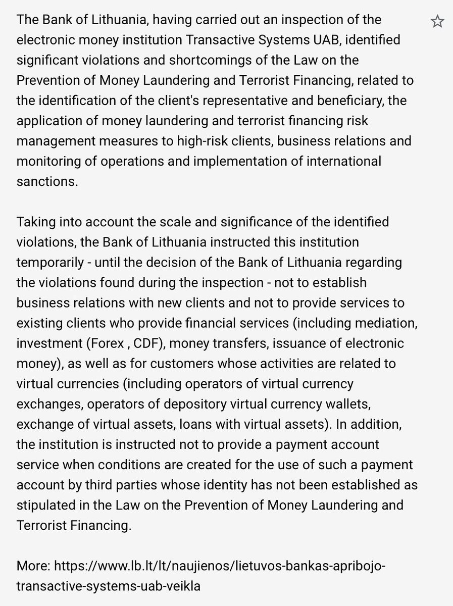 Cryptadamist's tweet photo. 🧵8/Ω
Why the sudden move?

apparently because #BankOfLithuania identified #TransactiveSystemsUab as a money laundering/terrorist financing hub.

Ω👇Ω 
https://t.co/dEbkAqbpr6 https://t.co/eLFbJfD7UF
