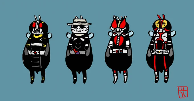 仮面ライダーびーず。#みつばちヒーローズ#ミツバチ #蜂 #イラスト#仮面ライダーブラック #仮面ライダースカル#仮面ライダー電王 #仮面ライダー555 #ファンアート 