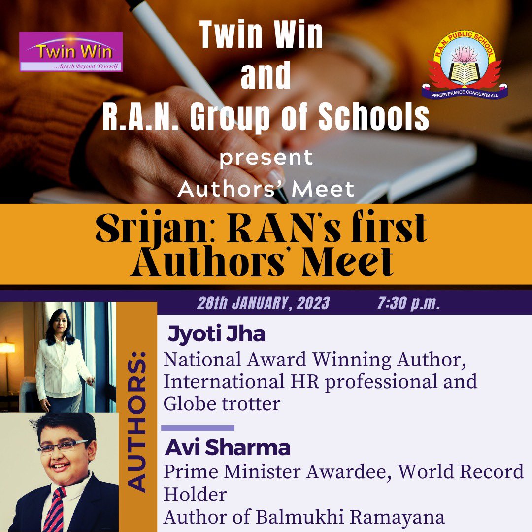 Imjyoti5's tweet photo. Extremely delighted and honoured to be invited to the session! Eagerly looking forward to be interacting with the brilliant young talent!
Thankyou so much TWIN WIN 😇🙏
Thankyou R.A.N. Group of Schools 🙏
#AuthorsMeet
#TwinWinAcademy
@vaibhavpande_ https://t.co/rxYIrVyEvO