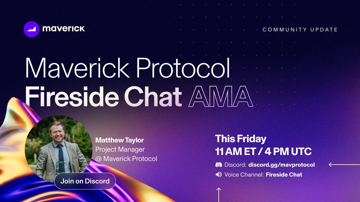 mavprotocol's tweet photo. Join our Community Lead @FredLach and Project Manager @docofsteel at Maverick Fireside Chat this Friday to:
🟣Learn more about what's new with the project
🟣Ask us anything about Maverick 

📍Discord Fireside Chat Voice Channel https://t.co/i9pVKfN3aq
📅1/27, 11 am ET/4pm UTC https://t.co/mPlRC7pjob