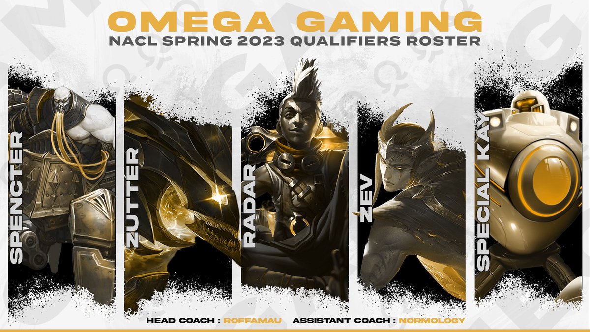 Omega Gaming Esports (@omegaesportsl) on Twitter photo After a long hiatus we are back! We are proud to announce our <a href="/PathToLCS/">PathToLCS</a> NACL Spring 2023 qualifiers roster! #OMGWIN
Top: <a href="/Spentcer/">Spentcer</a>
Jungle: <a href="/lolzutter/">Zutter</a>
Mid: <a href="/RadarLeague/">Eli "Radar" Nelson</a>
Adc: <a href="/zebooboo/">Zachary Lang</a>
Support: <a href="/Special58761599/">Special Kay</a>
Head Coach: <a href="/Roffamau/">Jonathan Fetsko</a>
Assistant Coach: @NormoIogy After a long hiatus we are back! We are proud to announce our <a href="/PathToLCS/">PathToLCS</a> NACL Spring 2023 qualifiers roster! #OMGWIN
Top: <a href="/Spentcer/">Spentcer</a>
Jungle: <a href="/lolzutter/">Zutter</a>
Mid: <a href="/RadarLeague/">Eli "Radar" Nelson</a>
Adc: <a href="/zebooboo/">Zachary Lang</a>
Support: <a href="/Special58761599/">Special Kay</a>
Head Coach: <a href="/Roffamau/">Jonathan Fetsko</a>
Assistant Coach: @NormoIogy