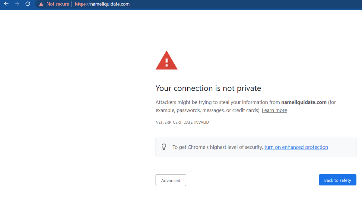 AdamYamada's tweet photo. Is anyone else seeing this? NameLiquidate SSL certificate expired!!!

#domains #domainnames #domainforsale #domainnameforsale #beepik #domainsforsale @nameliquidate #epikfail @EpikDotCom https://t.co/VjHxABMx1A