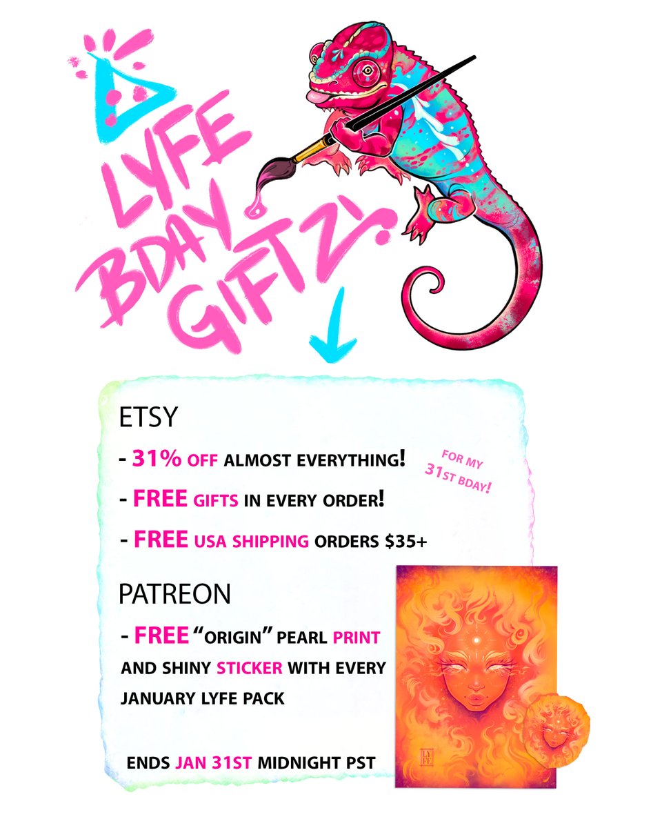 LydiaFenwick's tweet photo. ✨I turned 31✨ on the 16th so it's time for a 31% off Birthday Sale!! 
If you decide to order, or join my Jan Pa+reon, I promise to spoil ya! The chameleon will show you my giftz 😛
https://t.co/q5Nq4zqcUf https://t.co/mflbvDOmDs