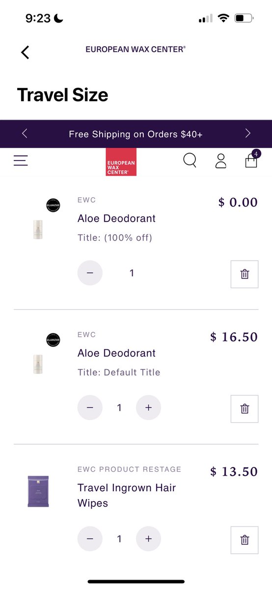 emme15's tweet photo. @EuropeanWax But it’s not working in check out? It’s keeping the full price and adding a free one? https://t.co/Xv2hkFZca0