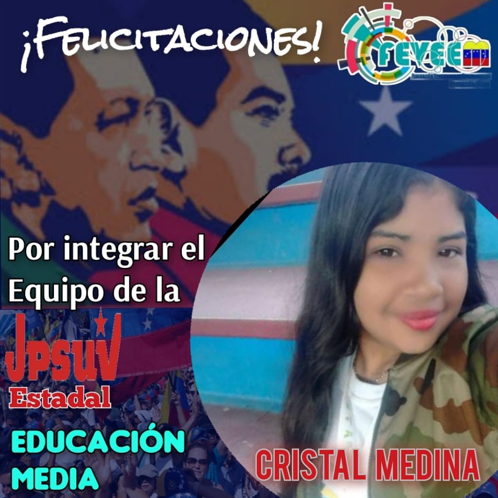 ¡Felicitaciones liderazgo joven! 🇻🇪
La OBE-FEVEEM del Edo #DeltaAmacuro felicita a Cristal Medina comisionada de Educación Media en el buró Estadal de la juventud de #PSUV seguimos estudiando, luchando, amando y ¡Venciendo! Adelante..!! 
#BloqueoCriminal <a href="/NicolasMaduro/">Nicolás Maduro</a>