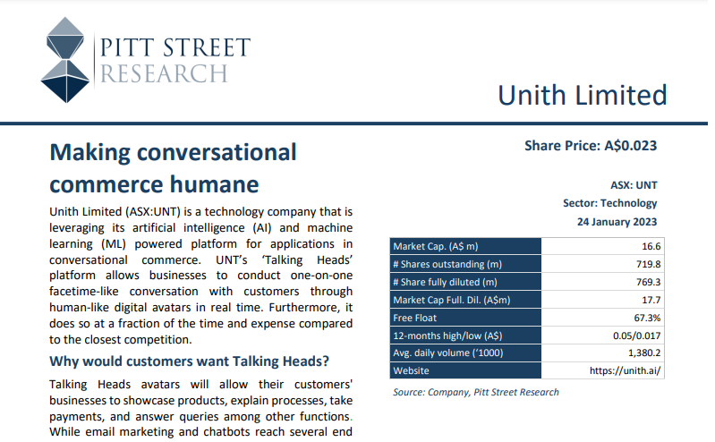 Unith_AI's tweet photo. A research report on UNITH (#ASX: $UNT) has been released by Pitt Street Research which details the commercial opportunity for #conversationaAI. It includes their valuations of UNT and how Talking Heads are superior to competing #tech. View in full here: https://t.co/wzZMRfH88v https://t.co/3COYcAllxH