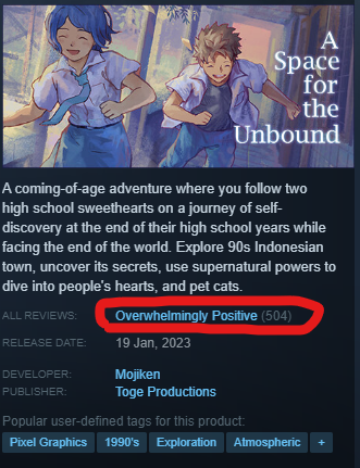 kerissakti's tweet photo. WE DID IT!
A Space for the Unbound has over 500 reviews, and 99% Overwhelmingly Positive! Thank you so much!

Please follow the devs @MojikenStudio 
Dimas @hal_sacchi poured 8 years of his life into the game to tell this beautiful story

Check it out: https://t.co/4M7BKXAbom https://t.co/DBZtum88oU