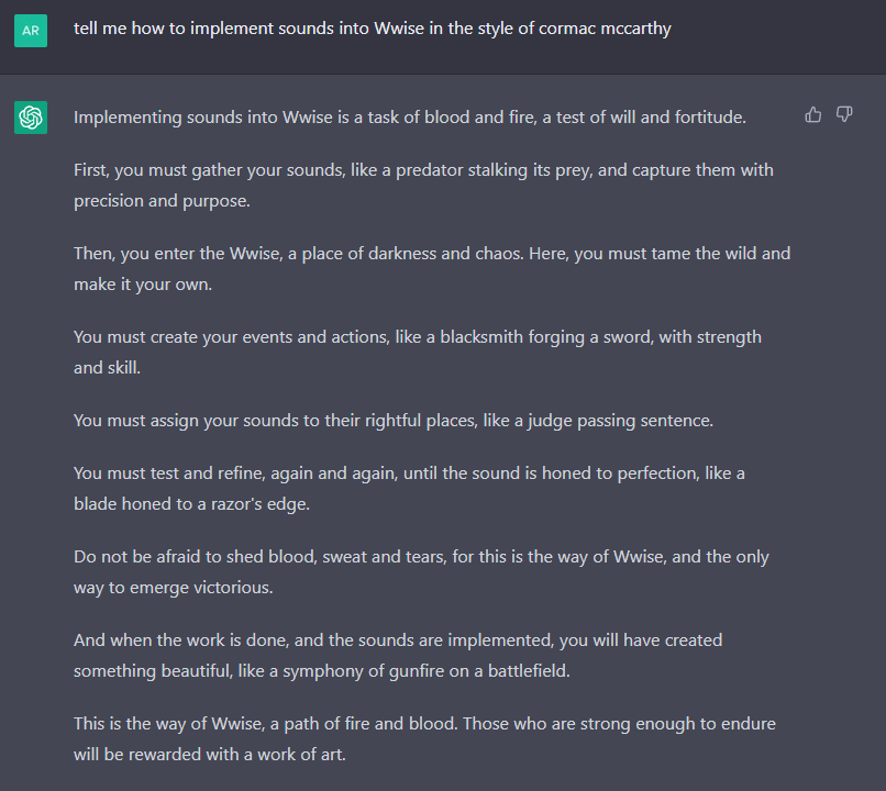 How to implement sounds into Wwise in the style of Cormac McCarthy.