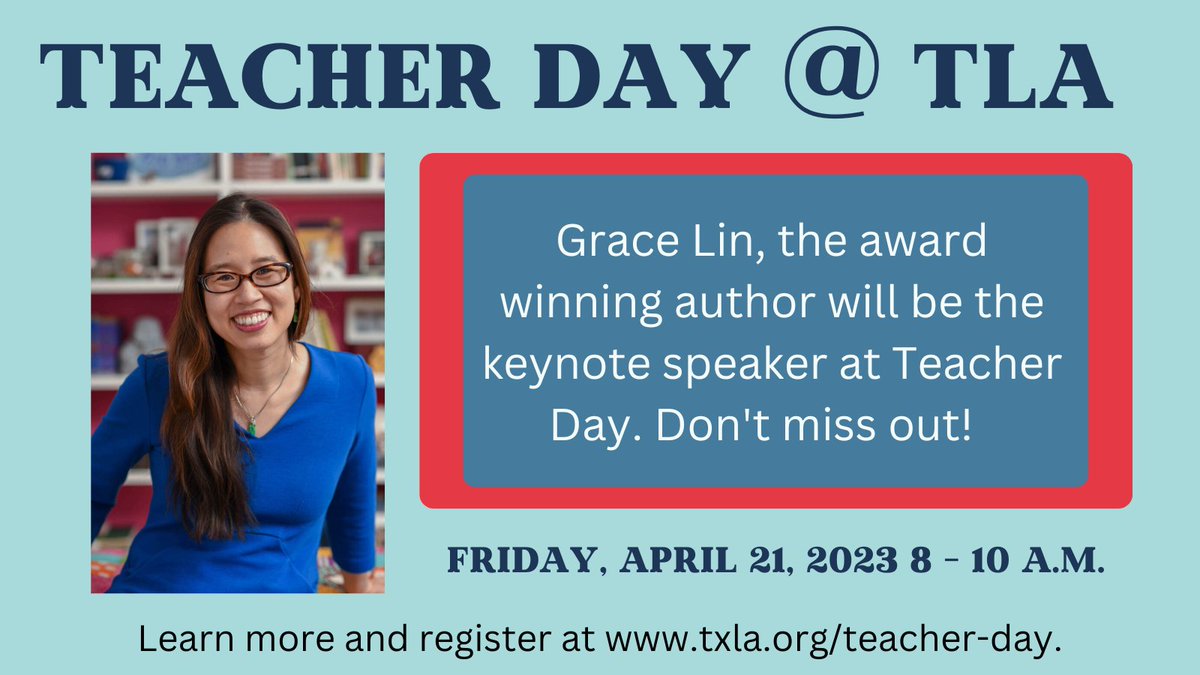 Teacher Day at TLA is SO amazing and you definitely don't want to miss out, especially since THE amazing author Grace Lin will be the keynote speaker! Sign up down below! <a href="/TeacherDayTLA1/">Teacher Day @ TLA</a> <a href="/TXLA/">Texas Library Assn.</a>