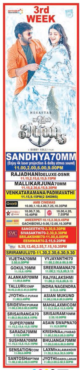 MoviesUpdatez's tweet photo. #WaltairVeerayya 3rd week Nizam/Hyderabad theatres list

@KChiruTweets @RaviTeja_offl @dirbobby @shrutihaasan @CatherineTresa1 @UrvashiRautela @MythriOfficial @konavenkat99 @ThisIsDSP @SonyMusicSouth https://t.co/3OrOH62MaW