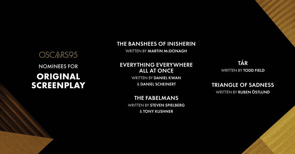 AngTerTer's tweet photo. #AngRanking: BEST ORIGINAL SCREENPLAY

1. The Banshees of Inisherin
2. Everything Everywhere All at Once
3. Tár
4. The Fabelmans
5. Triangle of Sadness
Shoulda been here: Nope

#Oscars #Oscars95 #Oscars2023 https://t.co/2dakoAOvHf