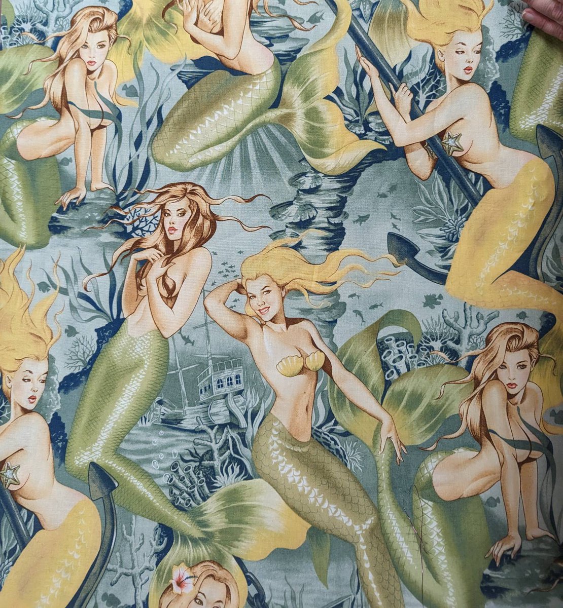 MendelsSF's tweet photo. Have you ever been told to never turn your back on the ocean? Yes is absolutely dangerous because waves can sneak up on you but also.....  @ahfabrics reminds us about the sea sirens #pinupfabric #haightashburylife https://t.co/6DqcJ5oX9f