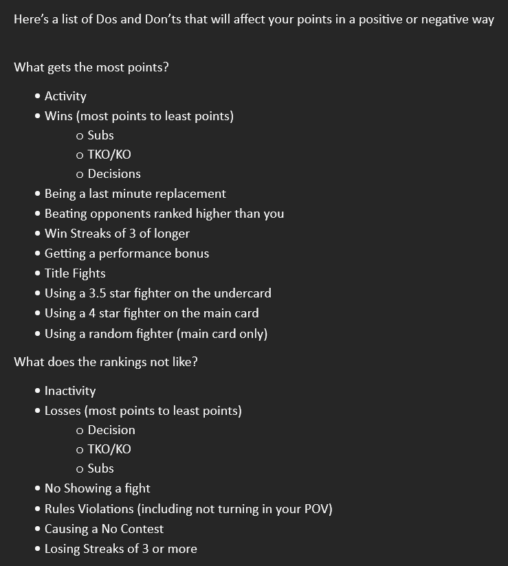 Just a little detailed view on how we rank our UFC 4 competitors via our unique ranking system. We aim for a strict fair and fun fight and you will be rewarded for fighting that way 

Get involved join our discord
discord.gg/cZyvVfHc

Provided by the GOAT <a href="/JReidMusic/">J Reid ™</a>